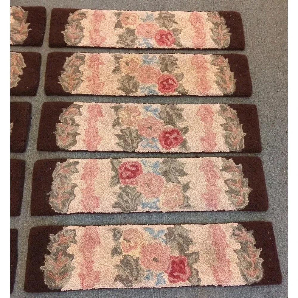 10 Antique Primitive Country Handmade‎ Hook Wool Hooked Stair Treads Floral Rug